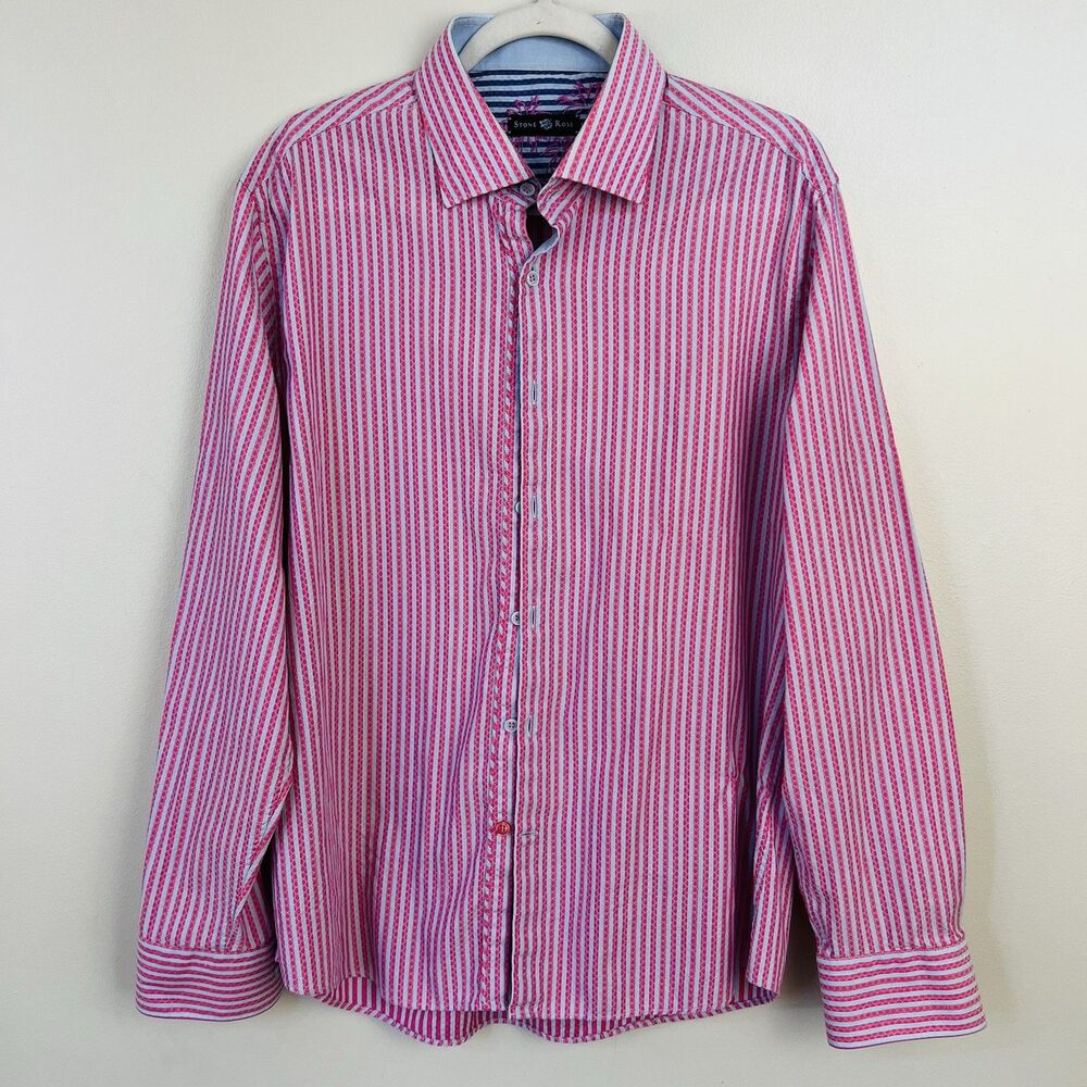 Stone Rose Pink & Blue Stripe Cotton Long Sleeve Button Up Mens Shirt Sz 3 (Med)